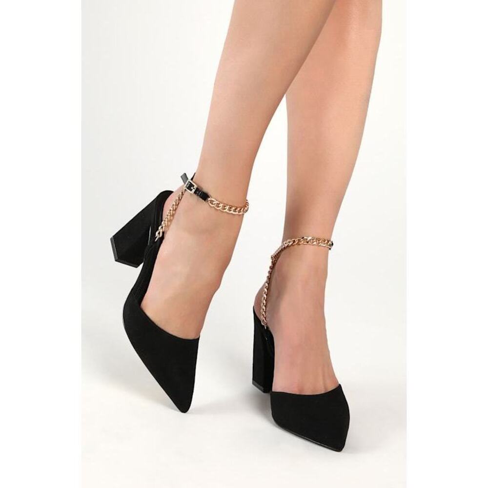 Lulus Myrana Black Suede Chain Ankle Strap Pointed-toe Pumps - Size 10